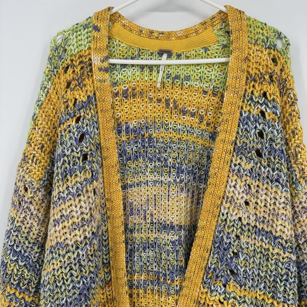 Free People Cardigan Sweater Womens Large Multicolor Open Knit Boho Pockets - Picture 2 of 9